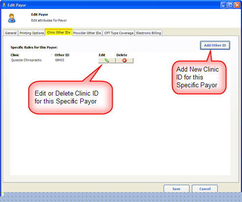 Payor Clinic Other IDs Tab