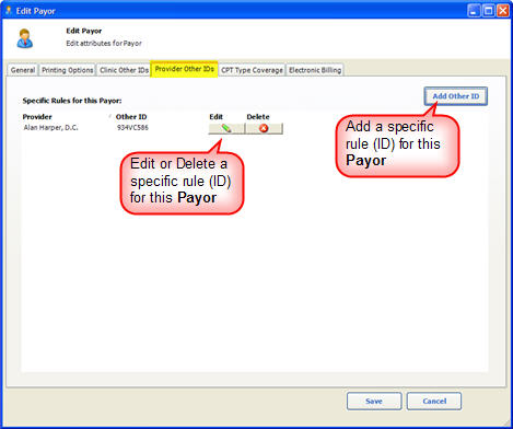 Payor Provider Other IDs Tab