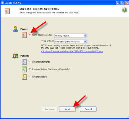 Patient Bill Create HCFA Step 1