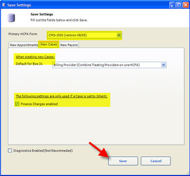 Quixote Settings and Defaults HCFA 0805 New Cases