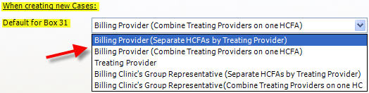 Quixote Settings and Defaults HCFA 0805 New Cases Box 31 drop down