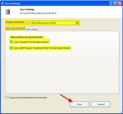 Quixote Settings and Defaults HCFA 1290 New Appointments