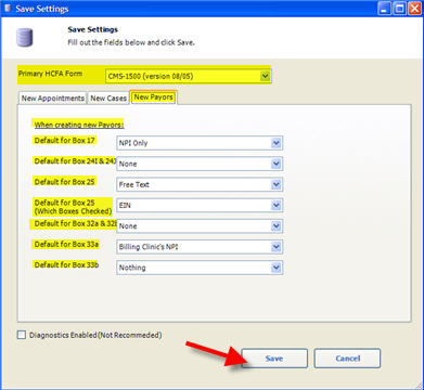 Quixote Settings and Defaults HCFA 0805 New Payors