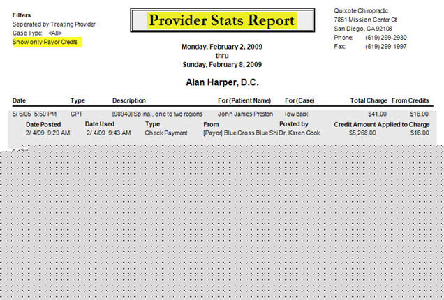 Provider Stats General Tab Payor Credits report